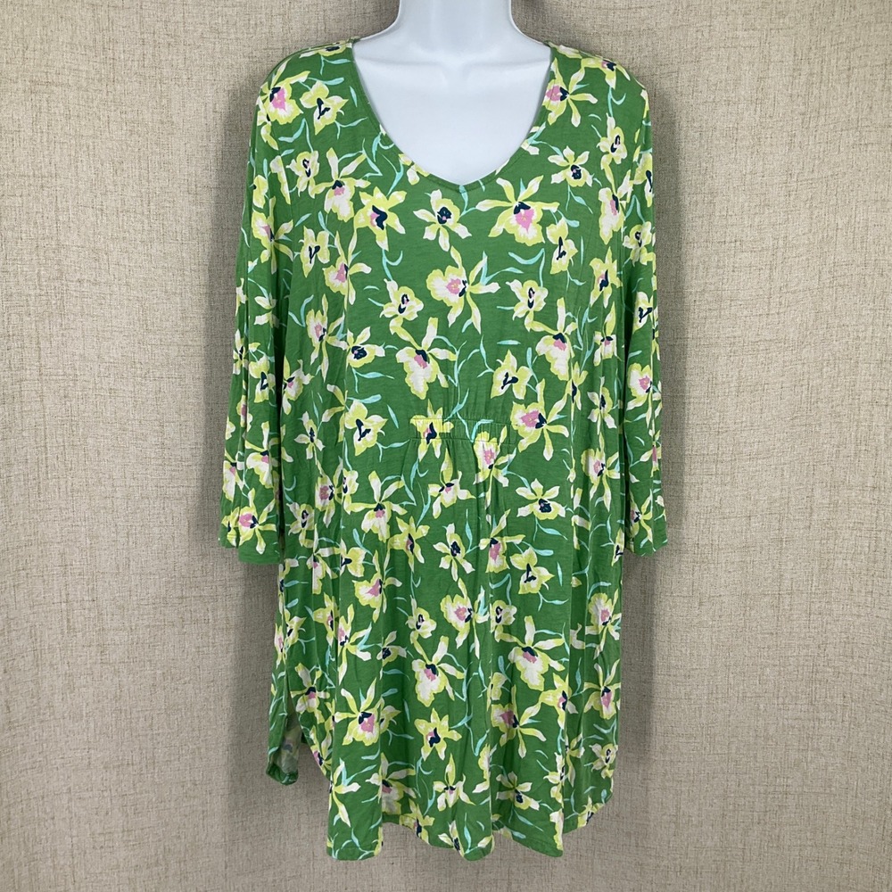 J. Jill Tunic Top Womens XL Green Floral V-Neck 3/4 Sleeve Boho Botanical Travel